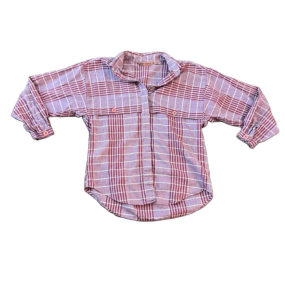 Vintage Henry Grethel Women's Button Up Top 12 Linen Blend Plaid Pink White